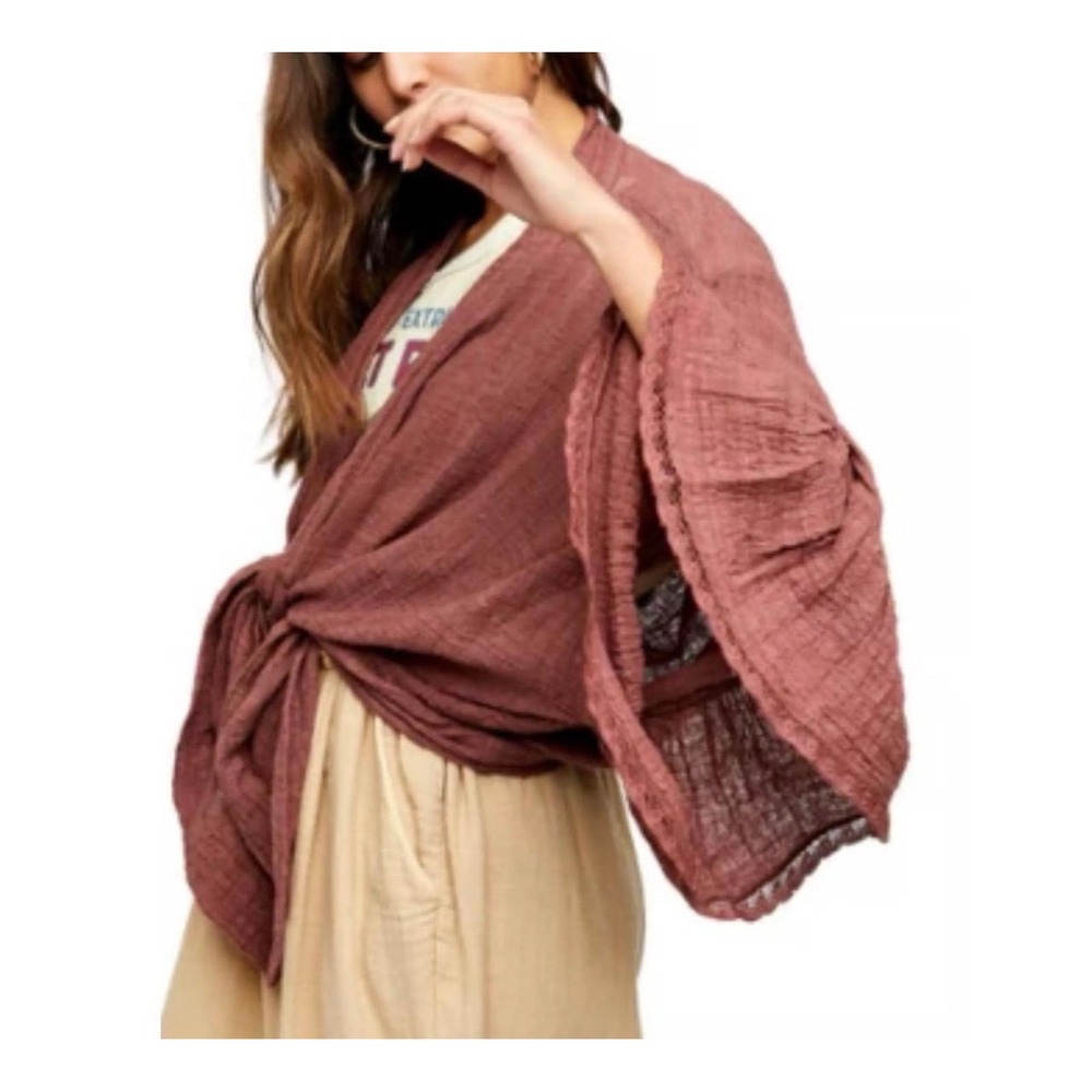 Free People FP Poppy Kimono Tie Front Ruffle Sleeve Cardigan‎ Womens XS/S Mauve
